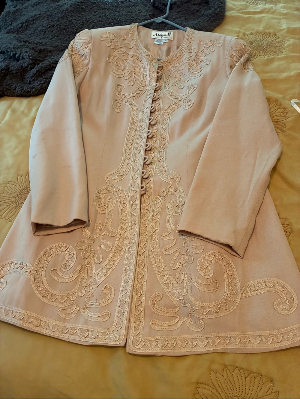Melissa B Dusty Blush Embroidered Longline Coat with elastic waist dkirt